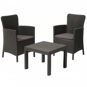 Set mobilier terasa, material polipropilena, Keter Salvador, culoare graphite, masa patrata, 2 fotolii cu perne, dimensiuni masa 59x59x43 cm, fotolii 62x60x89 cm