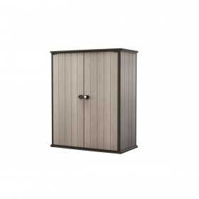 Dulap de exterior gradina, material polirasina, DUOTECH, utilizare unelte, accesorii gradina, bej-gri, 2 rafturi, Keter High Store Plus, 140x736x1704 cm, 2 usi, rezistenta UV