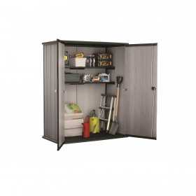 Dulap de exterior gradina, material polirasina, DUOTECH, utilizare unelte, accesorii gradina, bej-gri, 2 rafturi, Keter High Store Plus, 140x736x1704 cm, 2 usi, rezistenta UV