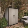 Dulap de exterior gradina, material polirasina, DUOTECH, utilizare unelte, accesorii gradina, bej-gri, 2 rafturi, Keter High Store Plus, 140x736x1704 cm, 2 usi, rezistenta UV