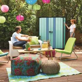 Dulap de exterior gradina, material polirasina, DUOTECH, utilizare unelte, accesorii gradina, bej-gri, 2 rafturi, Keter High Store Plus, 140x736x1704 cm, 2 usi, rezistenta UV