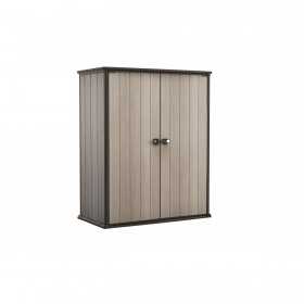 Dulap de exterior gradina, material polirasina, DUOTECH, utilizare unelte, accesorii gradina, bej-gri, 2 rafturi, Keter High Store Plus, 140x736x1704 cm, 2 usi, rezistenta UV