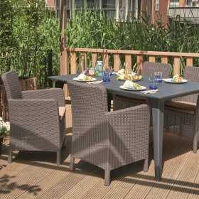 Scaun gradina, Imitatie ratan, Keter, cu cotiere profilate, cu o perna, spatar, Bej, Colectia Trenton, dimensiuni 63x60x85 cm