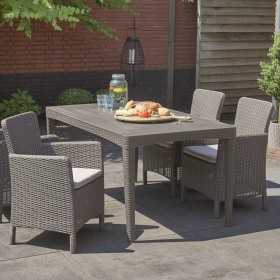 Scaun gradina, Imitatie ratan, Keter, cu cotiere profilate, cu o perna, spatar, Bej, Colectia Trenton, dimensiuni 63x60x85 cm