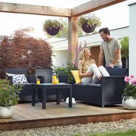 Set mobilier gradina, polipropilena grafit, Keter Emma, pentru foisor si terasa, cu masuta, 1 canapea 2 locuri, 2 fotolii, imitatie ratan, rezistent UV si intemperii.