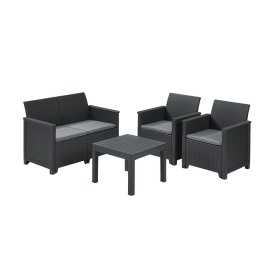 Set mobilier gradina, polipropilena grafit, Keter Emma, pentru foisor si terasa, cu masuta, 1 canapea 2 locuri, 2 fotolii, imitatie ratan, rezistent UV si intemperii.