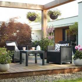 Set mobilier de gradina, imitatie ratan, Keter Emma, pentru terasa sau balcon, masa patrata, 2 fotolii, 2 locuri, grafit, rezistent UV, usor de asamblat