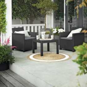 Set mobilier de gradina, imitatie ratan, Keter Emma, pentru terasa sau balcon, masa patrata, 2 fotolii, 2 locuri, grafit, rezistent UV, usor de asamblat