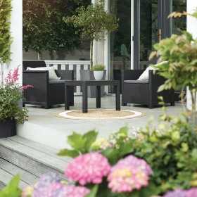 Set mobilier de gradina, imitatie ratan, Keter Emma, pentru terasa sau balcon, masa patrata, 2 fotolii, 2 locuri, grafit, rezistent UV, usor de asamblat