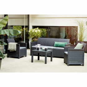 Set mobilier gradina Keter Emma, polipropilena, imitatie ratan, grafit, pentru terasa, cu masuta, 1 canapea, 2 fotolii, 5 locuri, rezistent UV, usor de asamblat