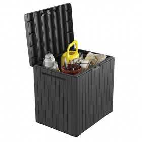 Lada depozitare balcon, pentru accesorii si unelte, cu capac, material polipropilena, culoare grafit, Keter City, dimensiuni 57,8 x 44 x 55 cm, sistem de inchidere cu lacat, manere, 113 L