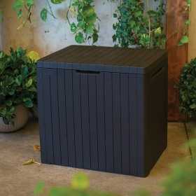Lada depozitare balcon, pentru accesorii si unelte, cu capac, material polipropilena, culoare grafit, Keter City, dimensiuni 57,8 x 44 x 55 cm, sistem de inchidere cu lacat, manere, 113 L