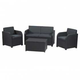 Set mobilier de gradina, terasa, imitatie ratan, Keter Modena, grafit, 4 locuri, cu masuta depozitare, 2 fotolii, canapea 2 persoane, perne incluse, rezistent UV