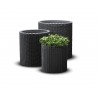 Set 3 ghivece de exterior, polipropilena, Keter, pentru terasa, interior, forma cilindrica, culoare antracit, cu perete dublu, cu dop de drenaj, dimensiuni: S, M, L