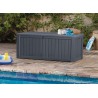 Lada depozitare terasa, de exterior, pentru jucarii, perne, cu capac rezistent, material plastic polipropilena, culoare grafit, Keter Rockwood, dimensiuni 155x72,4x64,4 cm, capacitate 570 L 