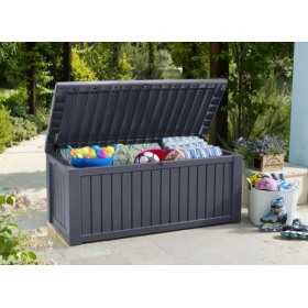 Lada depozitare terasa, de exterior, pentru jucarii, perne, cu capac rezistent, material plastic polipropilena, culoare grafit, Keter Rockwood, dimensiuni 155x72,4x64,4 cm, capacitate 570 L