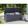 Lada depozitare terasa, de exterior, pentru jucarii, perne, cu capac rezistent, material plastic polipropilena, culoare grafit, Keter Rockwood, dimensiuni 155x72,4x64,4 cm, capacitate 570 L 