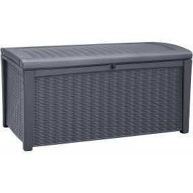 Cutie de depozitare gradina, ratan, pentru unelte si perne, cu capac, material polipropilena, culoare gri, Keter Borneo, 416 L, manere, rezistenta UV
