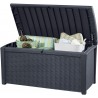Cutie de depozitare gradina, ratan, pentru unelte si perne, cu capac, material polipropilena, culoare gri, Keter Borneo, 416 L, manere, rezistenta UV