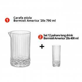 Pachet Carafa sticla Bormioli America '20s 790 ml + Set 12 pahare long drink Bormioli America...