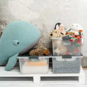 Cutie depozitare plastic pentru sufragerie Rotho Compact, transparenta, pentru documente, carti, jucarii, anthracite, manere, capac, 57x40x25cm, 38L
