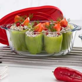 Vas rotund din sticla termorezistenta cu capac plastic rosu Pasabahce Borcam 2100 ml