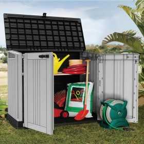 Dulap de exterior, plastic, pentru gradina, antracit, 2 usi, capac, Keter Store it out midi, 880L, 132x71,5x113,5cm, rezistent la intemperii