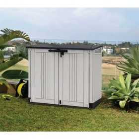 Dulap de exterior, plastic, pentru gradina, antracit, 2 usi, capac, Keter Store it out midi, 880L, 132x71,5x113,5cm, rezistent la intemperii
