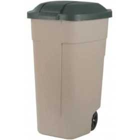 Tomberon gunoi exterior, bej, Keter, colectia Refuse, material plastic, pentru aer liber, curte, capac verde inchis, maner, roti rezistente, capacitate 110 L, rezistent UV