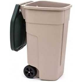 Tomberon gunoi exterior, bej, Keter, colectia Refuse, material plastic, pentru aer liber, curte, capac verde inchis, maner, roti rezistente, capacitate 110 L, rezistent UV