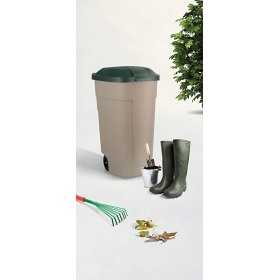 Tomberon gunoi exterior, bej, Keter, colectia Refuse, material plastic, pentru aer liber, curte, capac verde inchis, maner, roti rezistente, capacitate 110 L, rezistent UV