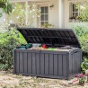 Lada pentru depozitare, de terasa, de curte, pentru unelte si obiecte casnice, cu capac, material rezistent UV, maro, Keter Glenwood, 390 L, manere, dimensiuni 128x65x61 cm 