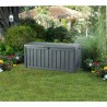 Lada pentru depozitare, de terasa, de curte, pentru unelte si obiecte casnice, cu capac, material rezistent UV, maro, Keter Glenwood, 390 L, manere, dimensiuni 128x65x61 cm 