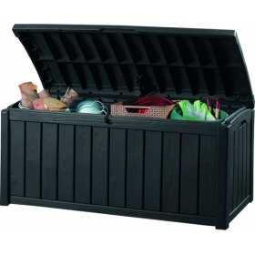 Lada pentru depozitare, de terasa, de curte, pentru unelte si obiecte casnice, cu capac, material rezistent UV, maro, Keter Glenwood, 390 L, manere, dimensiuni 128x65x61 cm