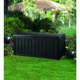 Lada pentru depozitare, de terasa, de curte, pentru unelte si obiecte casnice, cu capac, material rezistent UV, maro, Keter Glenwood, 390 L, manere, dimensiuni 128x65x61 cm