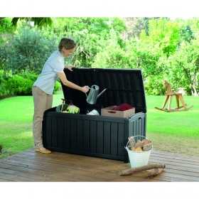 Lada pentru depozitare, de terasa, de curte, pentru unelte si obiecte casnice, cu capac, material rezistent UV, maro, Keter Glenwood, 390 L, manere, dimensiuni 128x65x61 cm