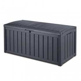 Lada pentru depozitare, de terasa, de curte, pentru unelte si obiecte casnice, cu capac, material rezistent UV, maro, Keter Glenwood, 390 L, manere, dimensiuni 128x65x61 cm