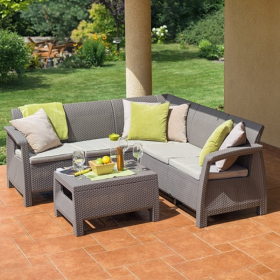 Set mobilier pentru terasa, polipropilena, Keter Corfu Relax, aspect ratan, canapea 4-5 persoane, masuta dreptunghiulara, rezistent UV, cappuccino-sand
