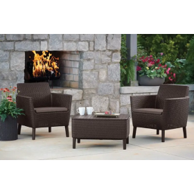 Set mobilier pentru balcon, material polipropilena imitatie ratan, marca Keter, colectia Salemo, 2 fotolii, culoare maro warm taupe, dimensiuni fotoliu 74x67x76 cm