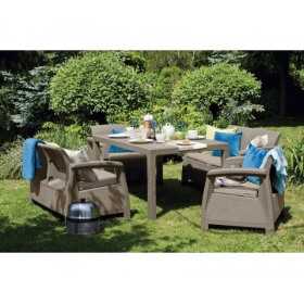 Set mobilier pentru gradina, polipropilena, Keter Corfu Fiesta, pentru terasa, masa, doua canapele, doua fotolii, culoare cappuccino - sand, rezistent la UV si intemperii
