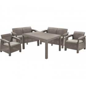 Set mobilier pentru gradina, polipropilena, Keter Corfu Fiesta, pentru terasa, masa, doua canapele, doua fotolii, culoare cappuccino - sand, rezistent la UV si intemperii