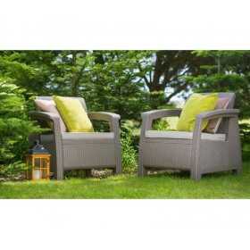 Set mobilier pentru gradina, polipropilena, Keter Corfu Fiesta, pentru terasa, masa, doua canapele, doua fotolii, culoare cappuccino - sand, rezistent la UV si intemperii