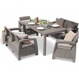 Set mobilier pentru gradina, polipropilena, Keter Corfu Fiesta, pentru terasa, masa, doua canapele, doua fotolii, culoare cappuccino - sand, rezistent la UV si intemperii