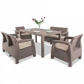 Set mobilier pentru gradina, polipropilena, Keter Corfu Fiesta, pentru terasa, masa, doua canapele, doua fotolii, culoare cappuccino - sand, rezistent la UV si intemperii