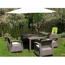 Set mobilier pentru gradina, polipropilena, Keter Corfu Fiesta, pentru terasa, masa, doua canapele, doua fotolii, culoare cappuccino - sand, rezistent la UV si intemperii