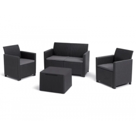 Set mobilier de gradina, polipropilena, Keter Claire, pentru terasa, cu masa, 2 fotolii si canapea, culoare graphite, cu spatiu depozitare, rezistent la UV si intemperii