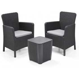 Set mobilier de gradina din polipropilena, Keter Trenton, pentru terasa sau balcon, masuta inclusa, 2 fotolii, culoare grafit, rezistent UV si intemperii