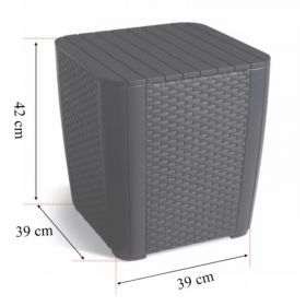 Set mobilier pentru terasa sau foisor, imitatie ratan, Keter Trenton, masa, 2 fotolii, culoare cappuccino, rezistent UV, dimensiune masa 39x39x42 cm, perne gri