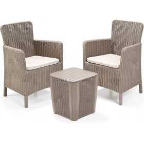 Set mobilier pentru terasa sau foisor, imitatie ratan, Keter Trenton, masa, 2 fotolii, culoare cappuccino, rezistent UV, dimensiune masa 39x39x42 cm, perne gri