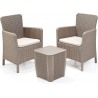 Set mobilier pentru terasa sau foisor, imitatie ratan, Keter Trenton, masa, 2 fotolii, culoare cappuccino, rezistent UV, dimensiune masa 39x39x42 cm, perne gri